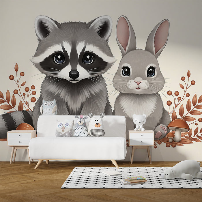 Χαρτί τοίχου δωματίου μωρού | Γλυκά αρκουδάκια και κουνέλια ανάμεσα σε φύλλα και μανιτάρια