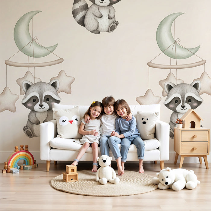 Papel de parede quarto bebê | Guaxinim e móvel estrelado