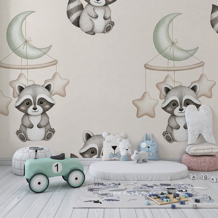 Papel de parede quarto bebê | Guaxinim e móvel estrelado