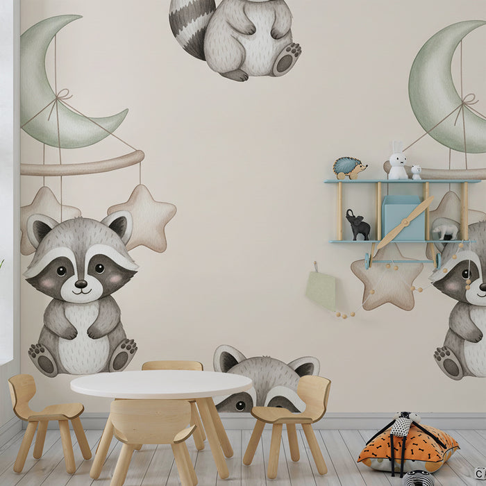 Papel de parede quarto bebê | Guaxinim e móvel estrelado