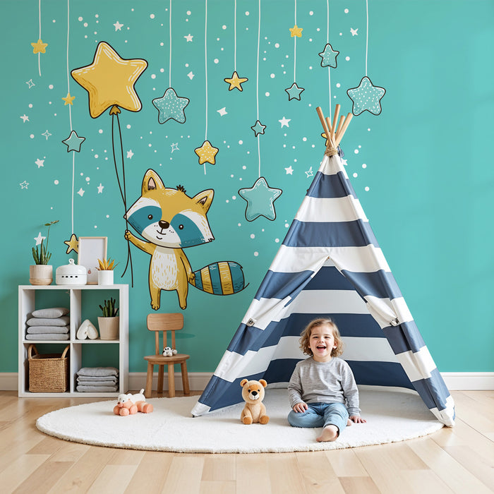 Papier peint chambre bébé | Raton laveur étoilé avec des ballons