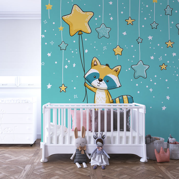 Papier peint chambre bébé | Raton laveur étoilé avec des ballons
