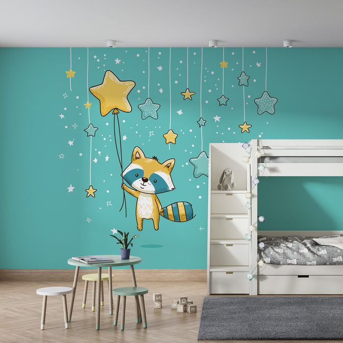 Papier peint chambre bébé | Raton laveur étoilé avec des ballons