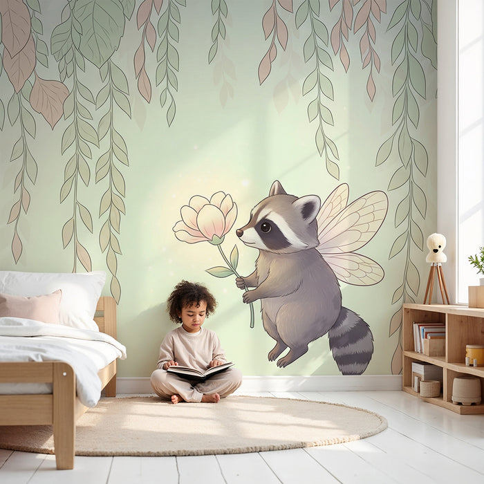 Papier peint chambre bébé | Raton laveur féerique avec une fleur dans un décor de feuillage doux