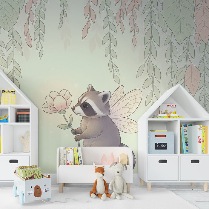 Papier peint chambre bébé | Raton laveur féerique avec une fleur dans un décor de feuillage doux