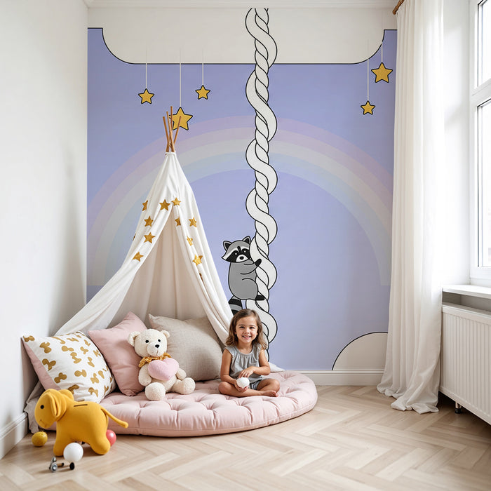 Papier peint chambre bébé | Raton laveur grimpant avec étoiles et arc-en-ciel