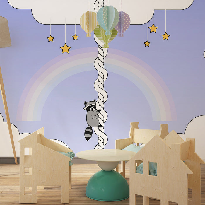 Papier peint chambre bébé | Raton laveur grimpant avec étoiles et arc-en-ciel