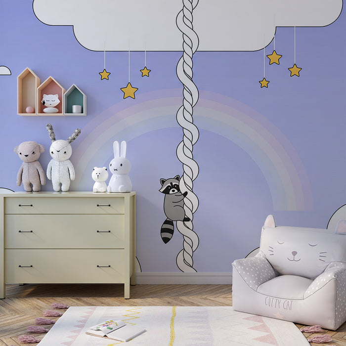 Papier peint chambre bébé | Raton laveur grimpant avec étoiles et arc-en-ciel