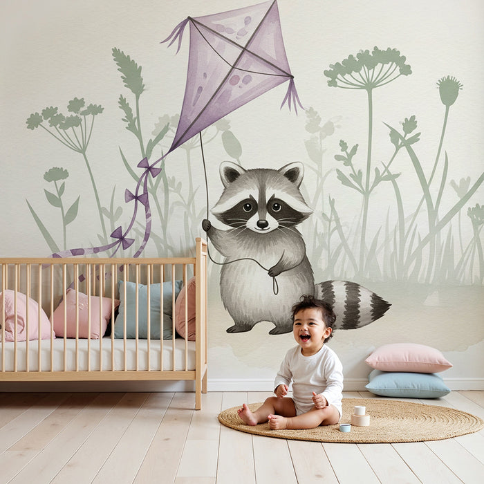 Papel pintado infantil | Mapache jugando con una cometa