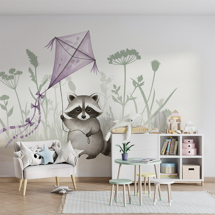 Papel pintado infantil | Mapache jugando con una cometa