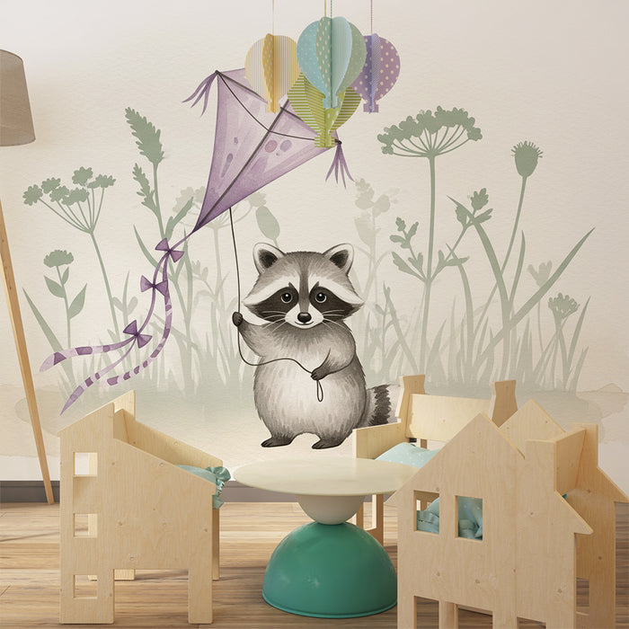 Papel pintado infantil | Mapache jugando con una cometa