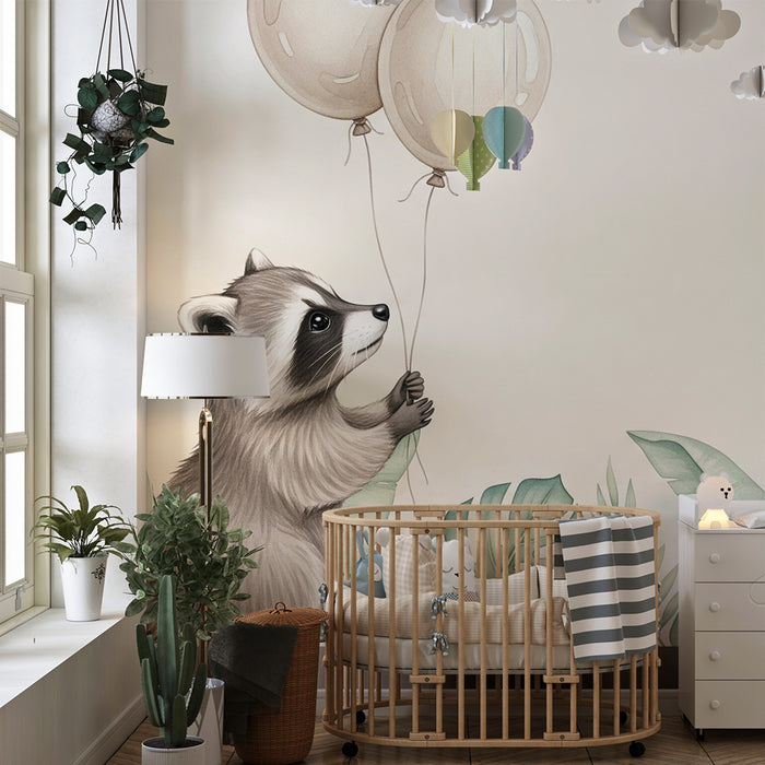 Papel de parede quarto bebê | Весела енот с балони