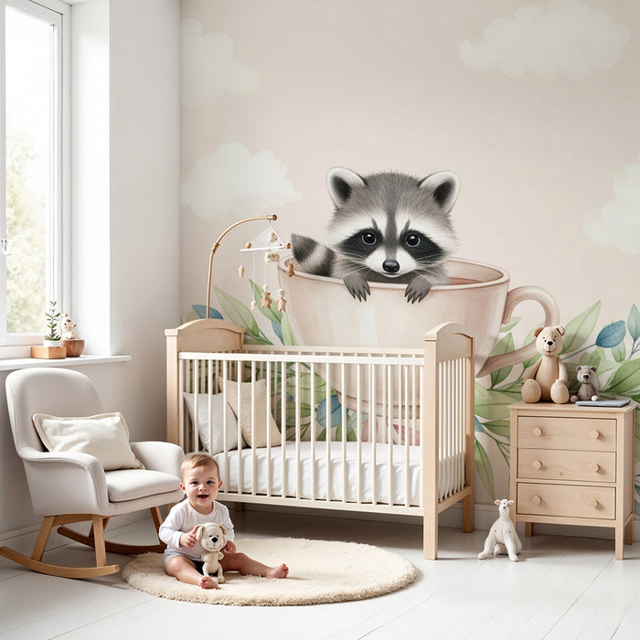Papel de parede quarto bebê | Guaxinim fofo numa chávena