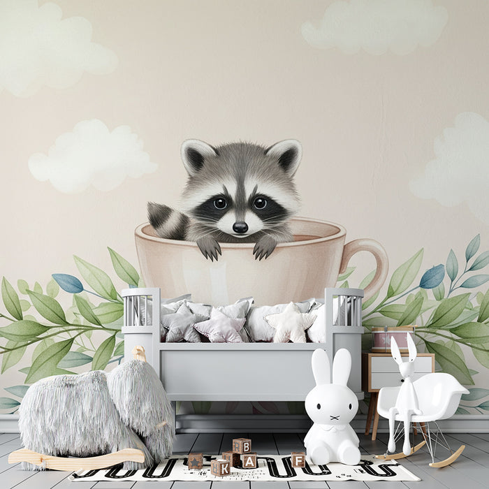 Papel de parede quarto bebê | Guaxinim fofo numa chávena