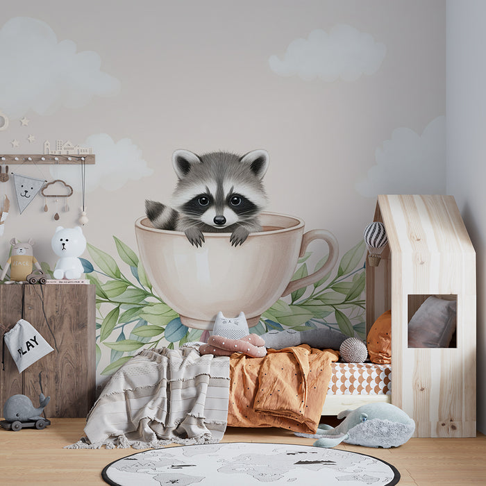 Papel de parede quarto bebê | Guaxinim fofo numa chávena