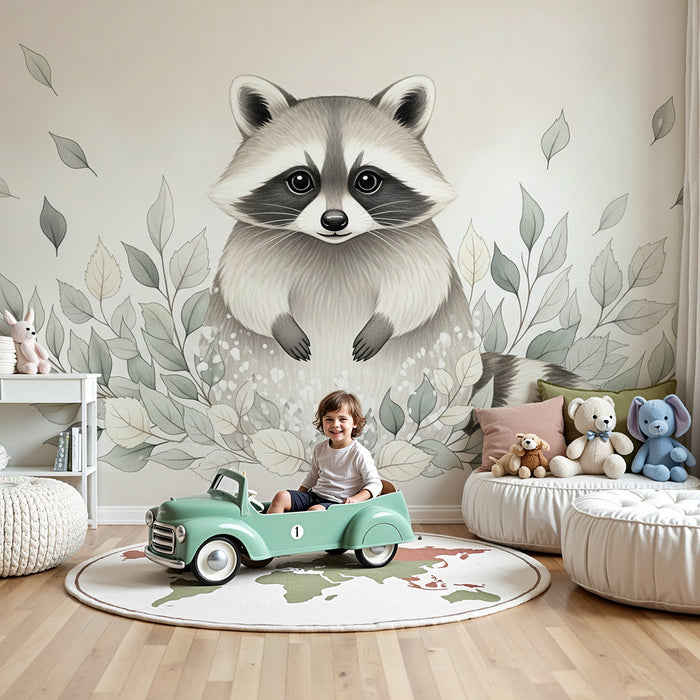 Papier peint chambre bébé | Raton laveur mignon entouré de feuillage délicat