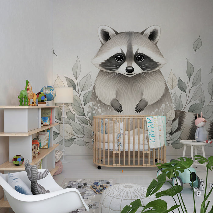 Papier peint chambre bébé | Raton laveur mignon entouré de feuillage délicat