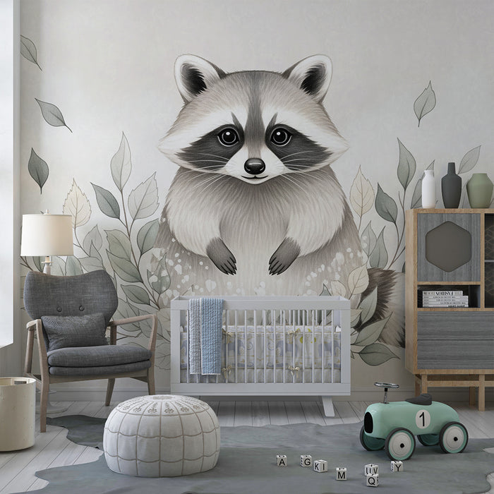 Papier peint chambre bébé | Raton laveur mignon entouré de feuillage délicat