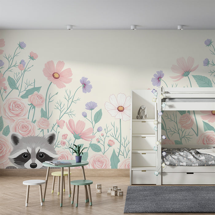Børneværelse tapet | Sød vaskebjørn omgivet af pastelfarvede blomster