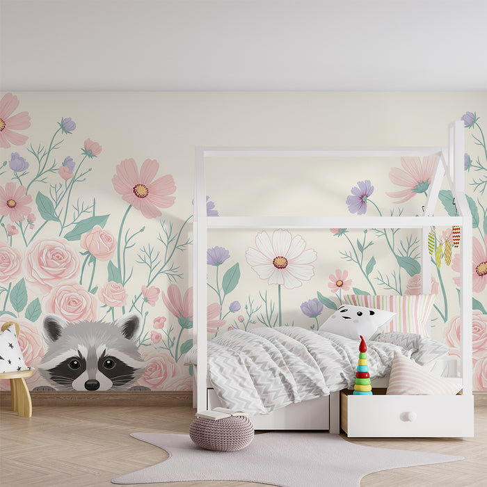 Børneværelse tapet | Sød vaskebjørn omgivet af pastelfarvede blomster