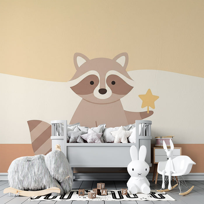 Tapet barnerom | Søt vaskebjørn som holder en gullstjerne