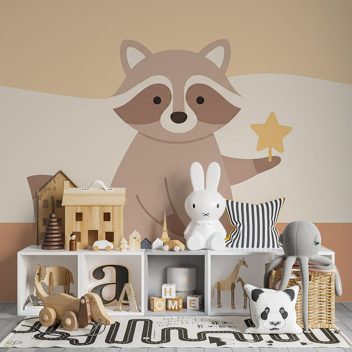 Tapet barnerom | Søt vaskebjørn som holder en gullstjerne