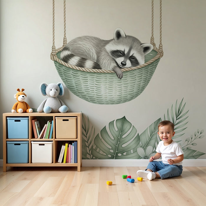 Børneværelse tapet | Fredelig vaskebjørn i sin hængekøje