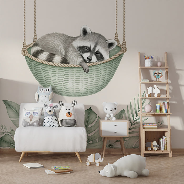 Børneværelse tapet | Fredelig vaskebjørn i sin hængekøje