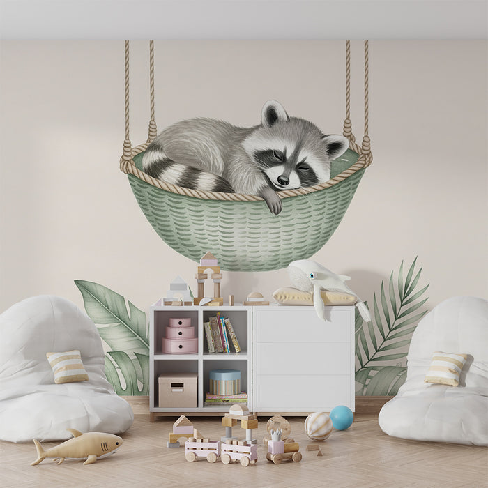 Børneværelse tapet | Fredelig vaskebjørn i sin hængekøje