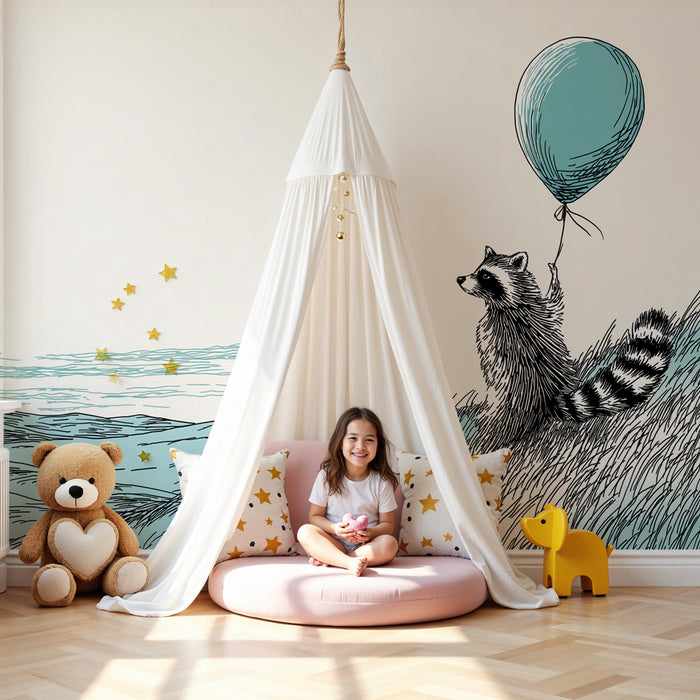 Papier peint chambre bébé | Raton laveur rêveur avec un ballon