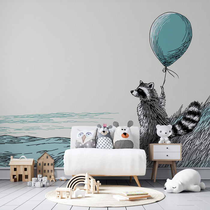 Papier peint chambre bébé | Raton laveur rêveur avec un ballon