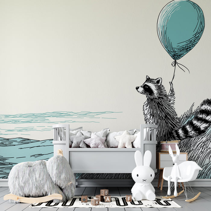 Papier peint chambre bébé | Raton laveur rêveur avec un ballon