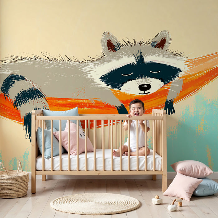 Papier peint chambre bébé | Raton laveur se reposant dans un hamac