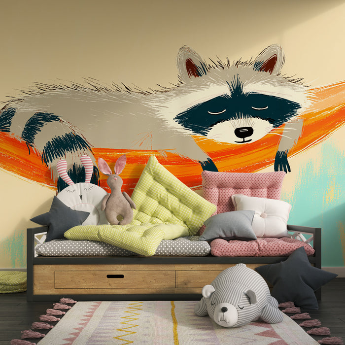 Papier peint chambre bébé | Raton laveur se reposant dans un hamac