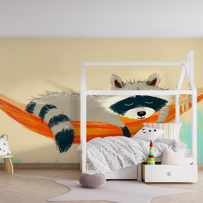 Papier peint chambre bébé | Raton laveur se reposant dans un hamac