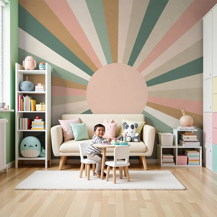 Papel pintado para habitación infantil | Rayos de colores suaves con un sol central