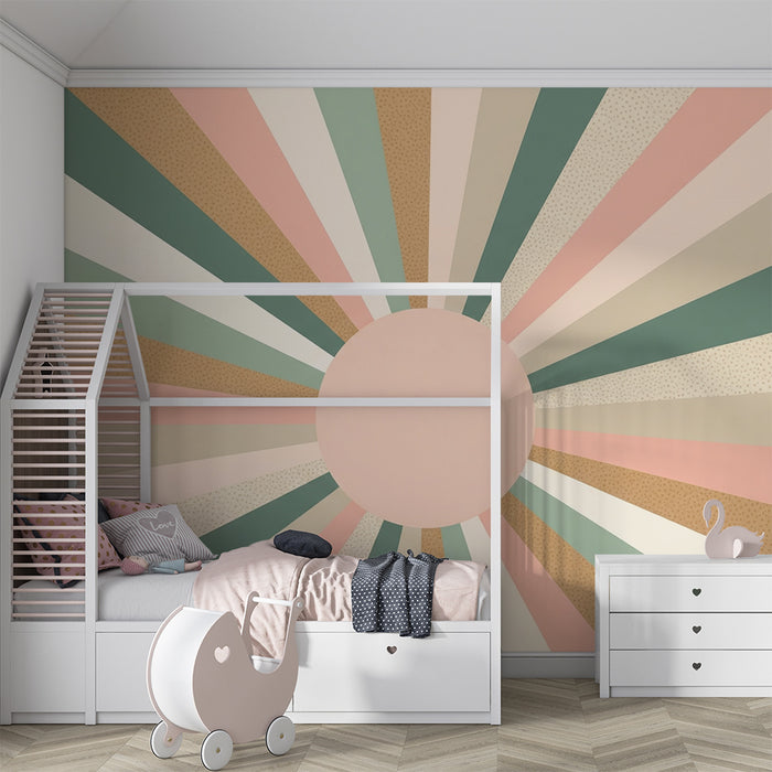Papel pintado para habitación infantil | Rayos de colores suaves con un sol central