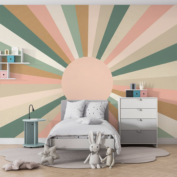 Papel pintado para habitación infantil | Rayos de colores suaves con un sol central