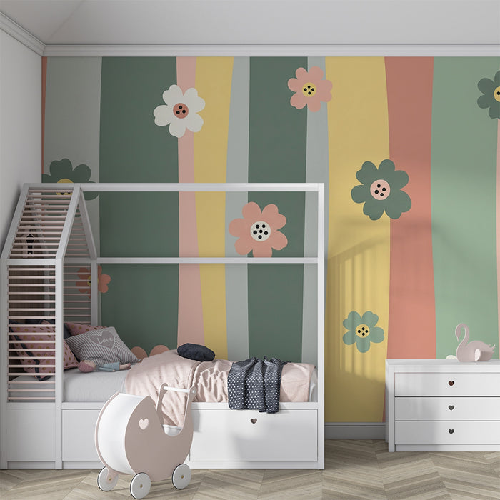 Babykamerbehang | Kleurrijke strepen met delicate bloemen