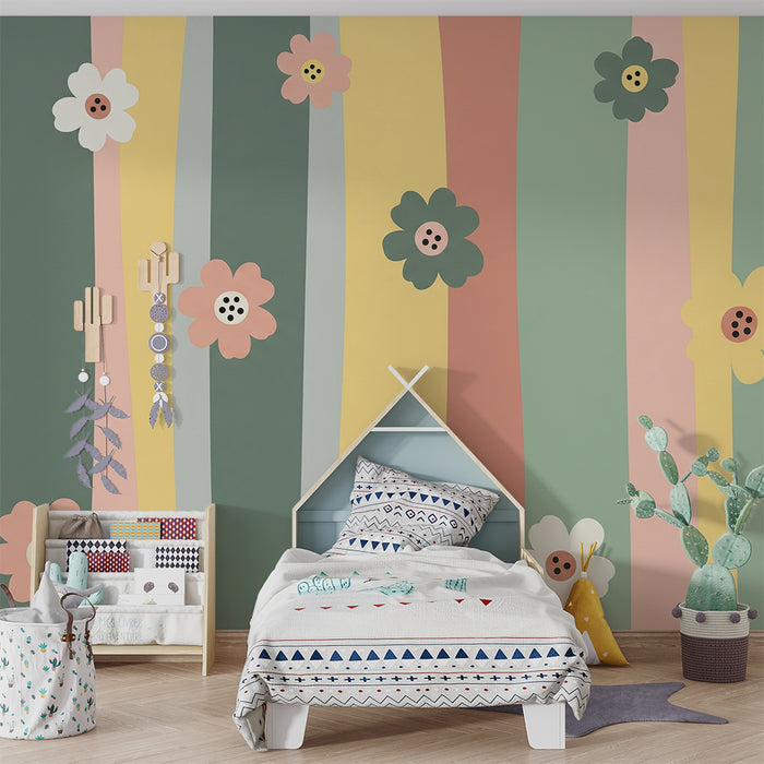 Babykamerbehang | Kleurrijke strepen met delicate bloemen