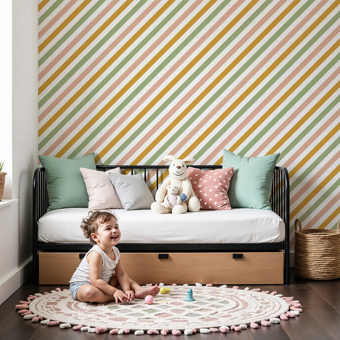 Papier peint chambre bébé | Rayures colorées en terracotta, vert et crème