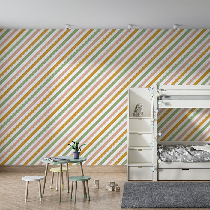 Papier peint chambre bébé | Rayures colorées en terracotta, vert et crème