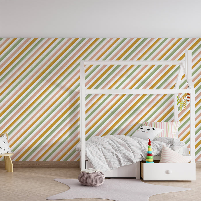 Papier peint chambre bébé | Rayures colorées en terracotta, vert et crème
