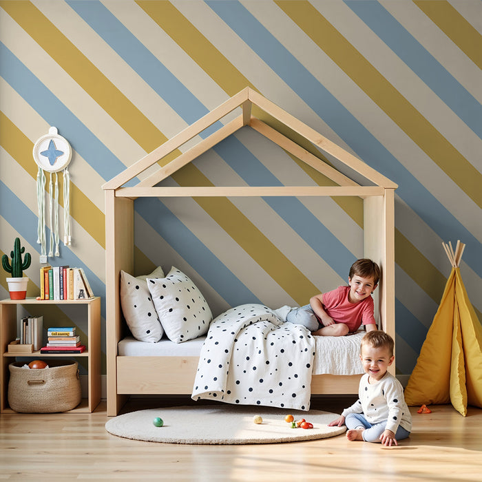 Papier peint chambre bébé | Rayures diagonales douces en bleu et jaune