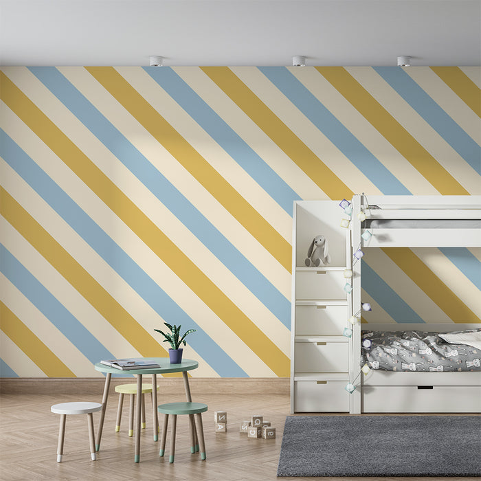 Papier peint chambre bébé | Rayures diagonales douces en bleu et jaune
