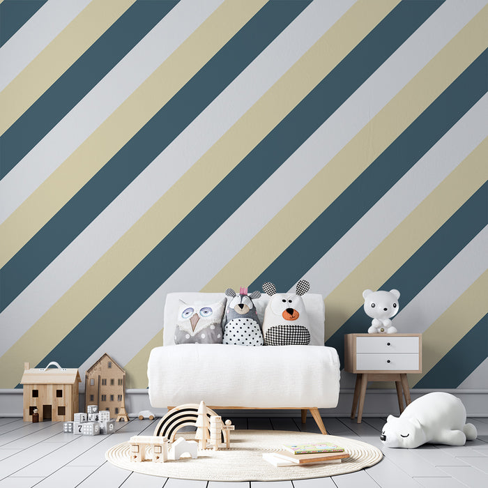 Papier peint chambre bébé | Rayures diagonales en bleu et beige
