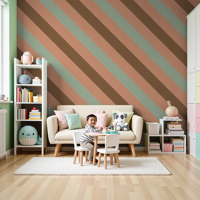 Papel de parede para quarto de bebé | Listras diagonais em tons pastel e terracota