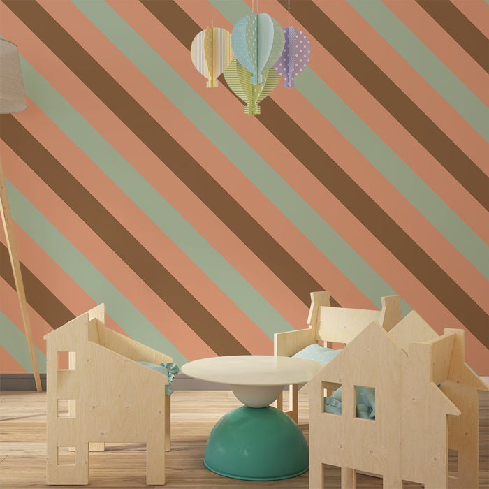 Papel de parede para quarto de bebé | Listras diagonais em tons pastel e terracota