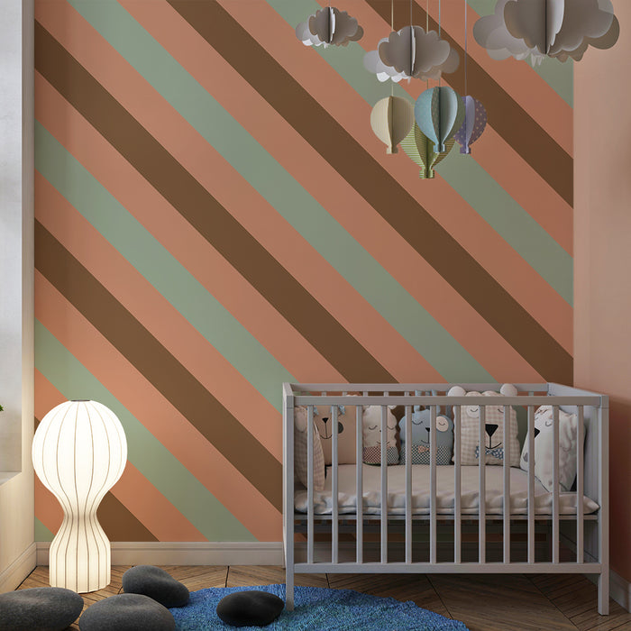 Papel de parede para quarto de bebé | Listras diagonais em tons pastel e terracota