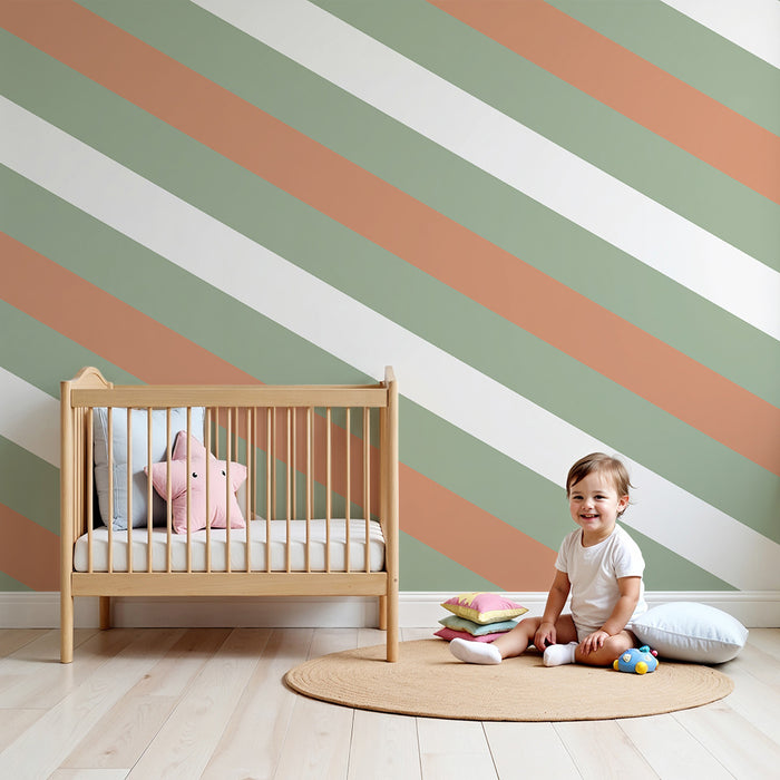 Papel de parede para quarto de bebé | Listras diagonais em verde e terracota